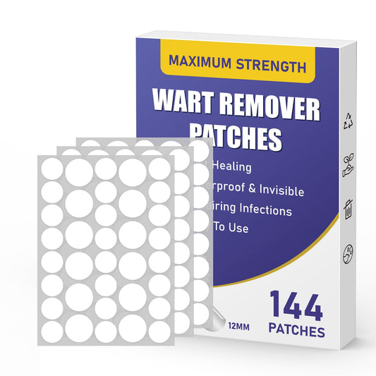 WABRINY maximum-strength wart remover patches pack front view, 144 pieces.