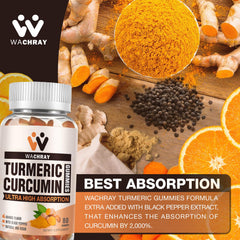 WACHRAY Turmeric Curcumin Gummies bottle side view, convenient daily wellness for joints.