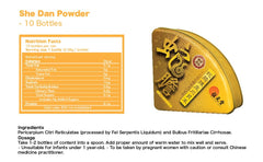 Closeup of Wai Yuen Tong She Dan Powder packaging showing herbal formula for respiratory comfort.