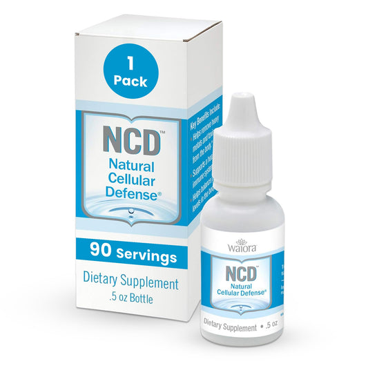 Waiora NCD liquid bottle close-up highlights mineral blend for daily immune support.