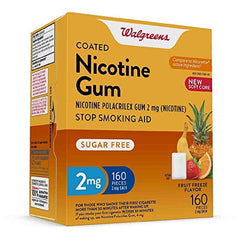 Walgreens fruit-coated gum piece close-up showing flavor and discreet use