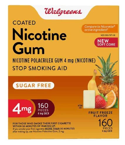 Walgreens nicotine coated gum 4 mg Fruit Freeze pack, ideal for on-the-go cravings.