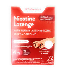 Walgreens nicotine lozenge 4 mg cinnamon front view showing convenient 72-count bottle for on-the-go use