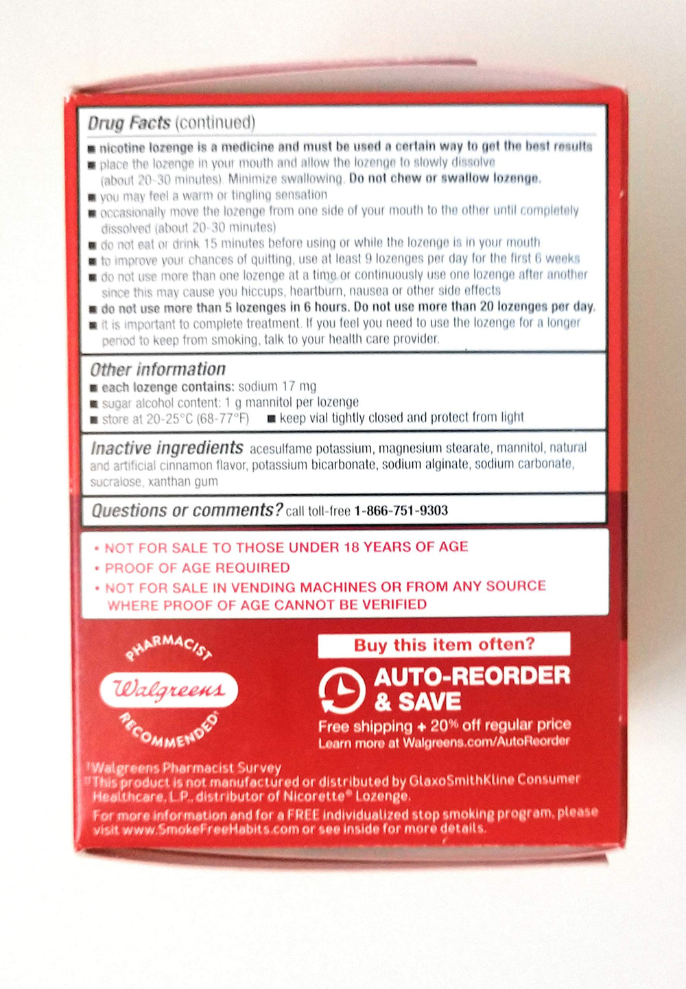 Walgreens nicotine lozenge 4 mg cinnamon package close-up highlights discreet NRT packaging