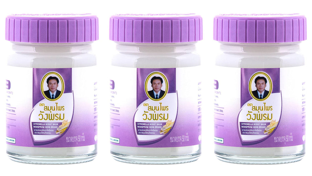 Wang Prom Herbal Balm jar closeup; menthol and camphor provide refreshing feel