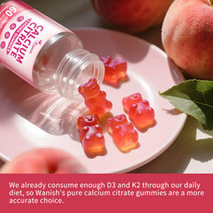 Wanish Calcium Citrate gummies peach flavor closeup emphasizes tasty daily intake.
