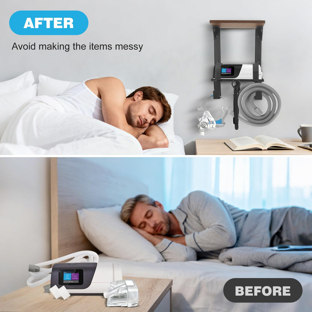 Wanyshapy wooden top shelf stores nasal pillows, filters, and wipes.