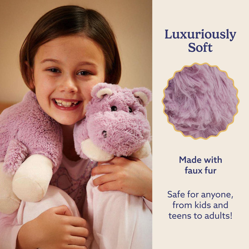 Warmies Hippo cooling option chilled in a freezer provides a refreshing sensation.