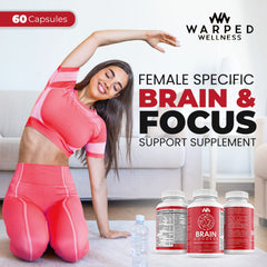Lifestyle shot with Brain Goddess bottle and healthy breakfast setup for morning routines.