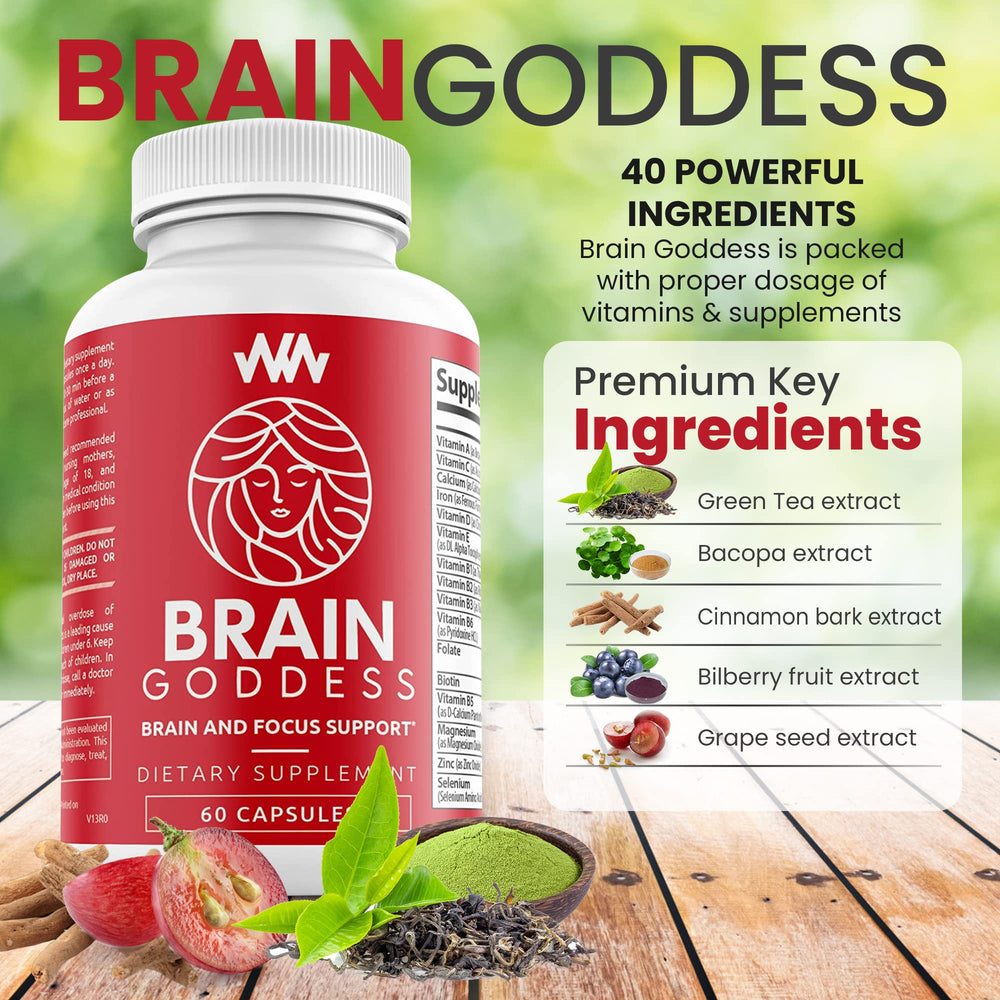 Close-up of Brain Goddess label highlighting Bacopa Monnieri for cognitive support.