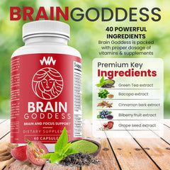 Close-up of Brain Goddess label highlighting Bacopa Monnieri for cognitive support.
