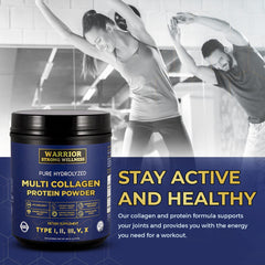 Warrior Strong Wellness collagen powder pour showing versatile protein boost.