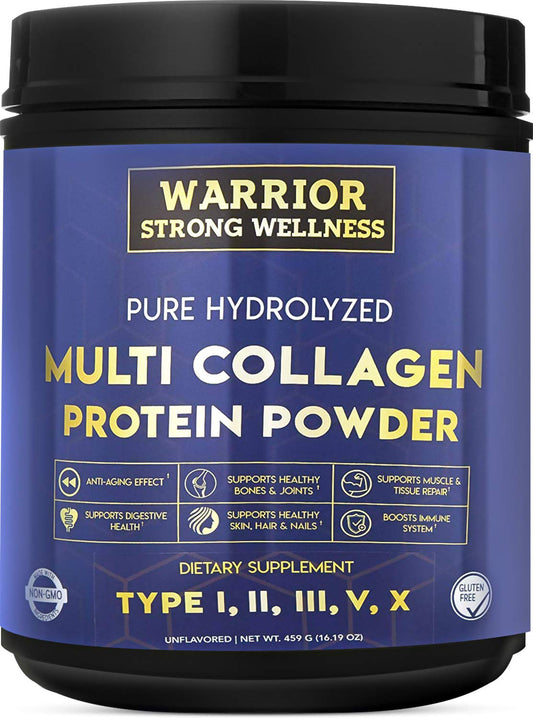 Warrior Strong Wellness Pure hydrolyzed multi-collagen powder bottle for daily convenience and support.