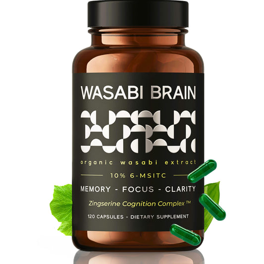 WASABI BRAIN bottle front view highlighting the organic wasabi extract for memory support.