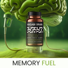 WASABI BRAIN capsules close-up emphasizing convenient daily cognitive support.