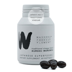 WASHOKU softgels bottle showing black vinegar blend for daily vitality