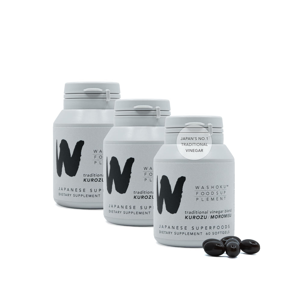 WASHOKU softgels bottle with kurozu, supports energy and balanced daily routine