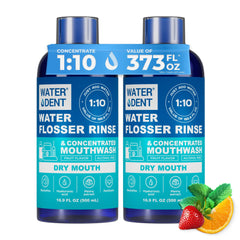 Water Dent concentrated irrigant dry mouth bottle pour for hydrating rinses.