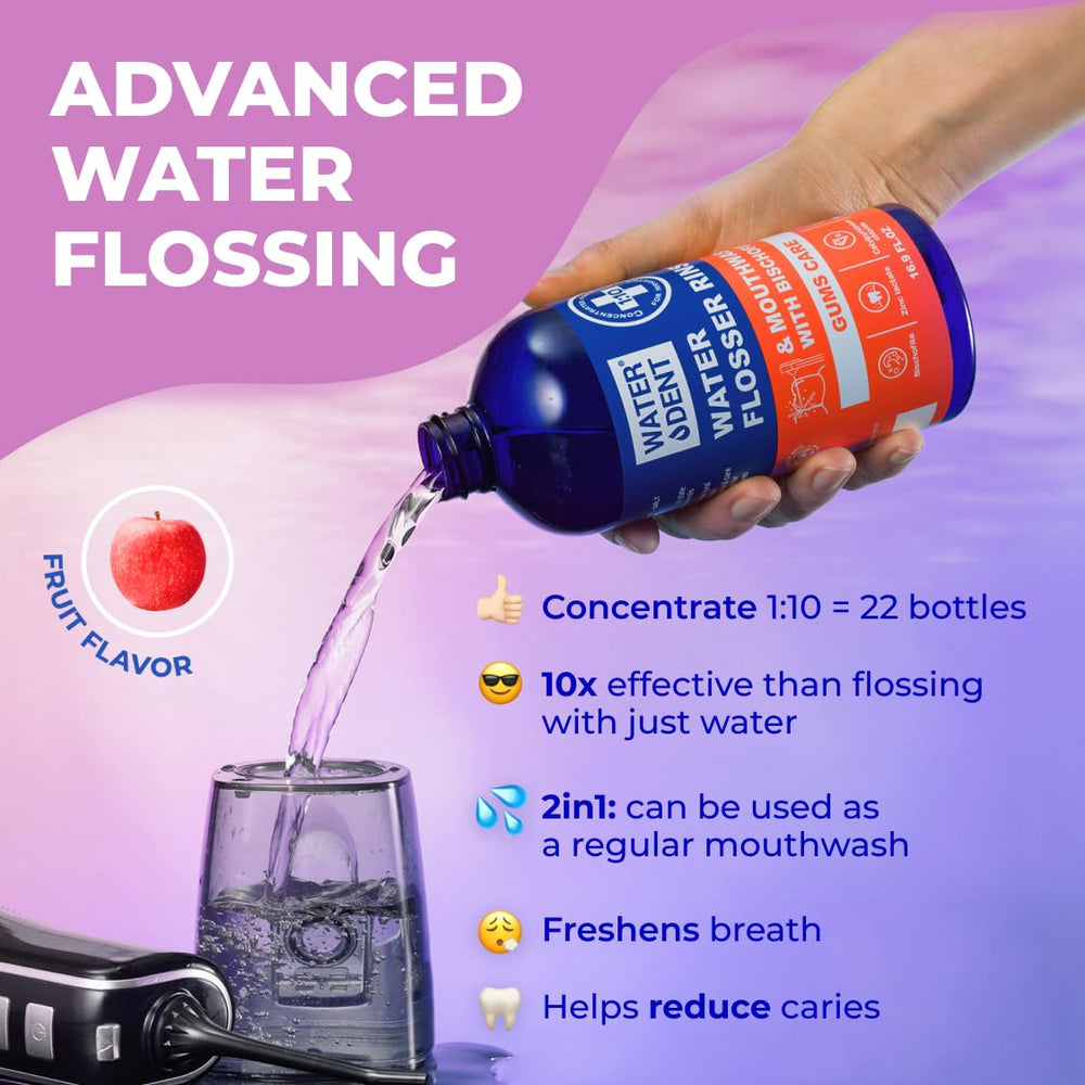 WATER DENT mouthwash bottle pour demonstrates 2in1 usage