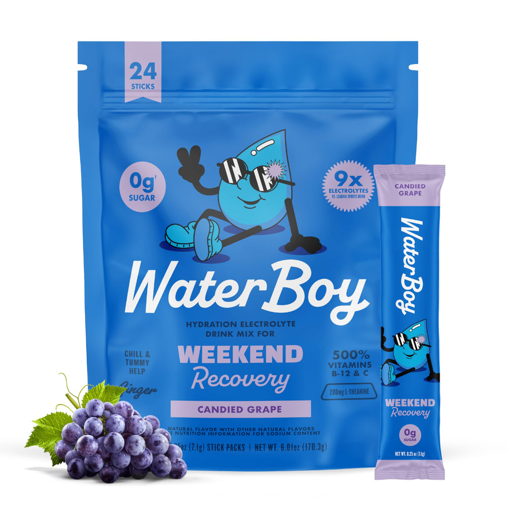 Waterboy Weekend Recovery grape stick provides a flavorful electrolyte boost after workouts.