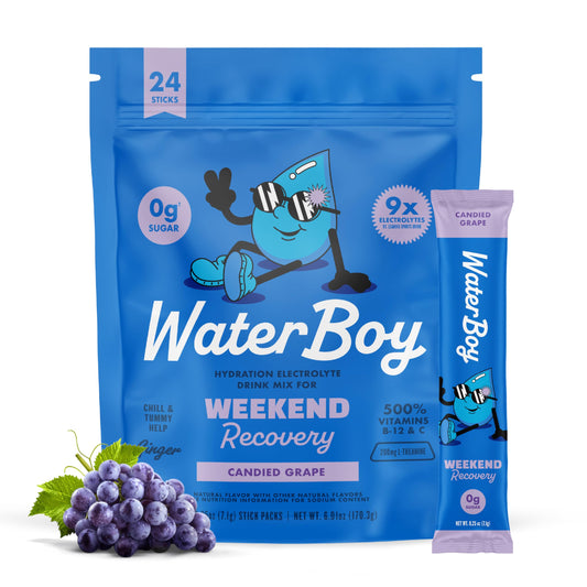 Waterboy Weekend Recovery grape stick provides a flavorful electrolyte boost after workouts.