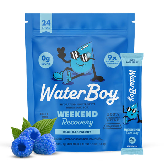 Waterboy Weekend Recovery packaging displaying convenient electrolyte sticks for quick hydration.