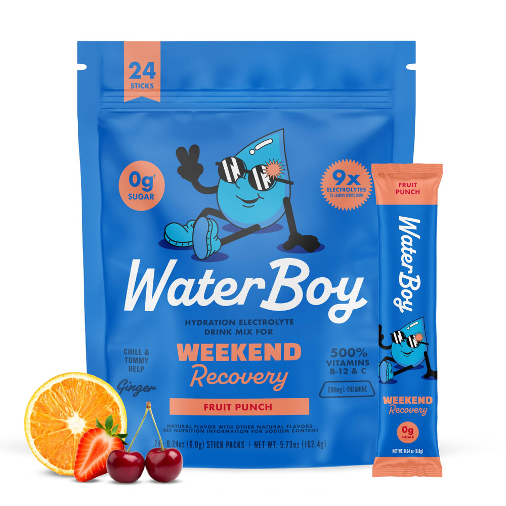 Waterboy Weekend Recovery packets label showing premium electrolyte blend for adults