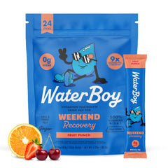 Waterboy Weekend Recovery packets label showing premium electrolyte blend for adults