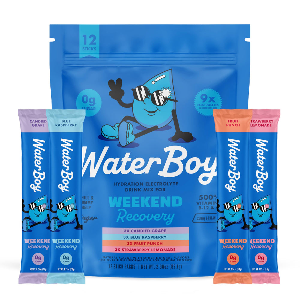 Waterboy Weekend Recovery sample pack with 12 electrolyte sticks for versatile hydration
