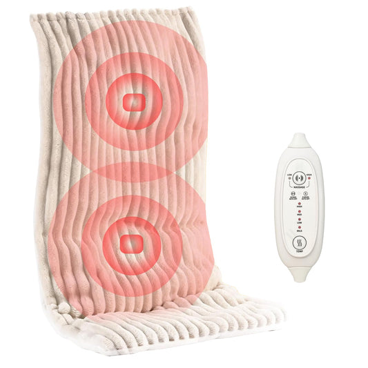 WATO FT heat massaging weighted pad on back delivers soothing warmth and pressure.
