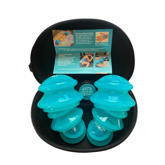 Wavetools Therapy Glide teal silicone cups in case for easy at-home cupping sessions