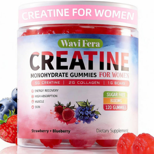 WaviFera Creatine for Women bottle close-up showing sugar-free formula for workouts.