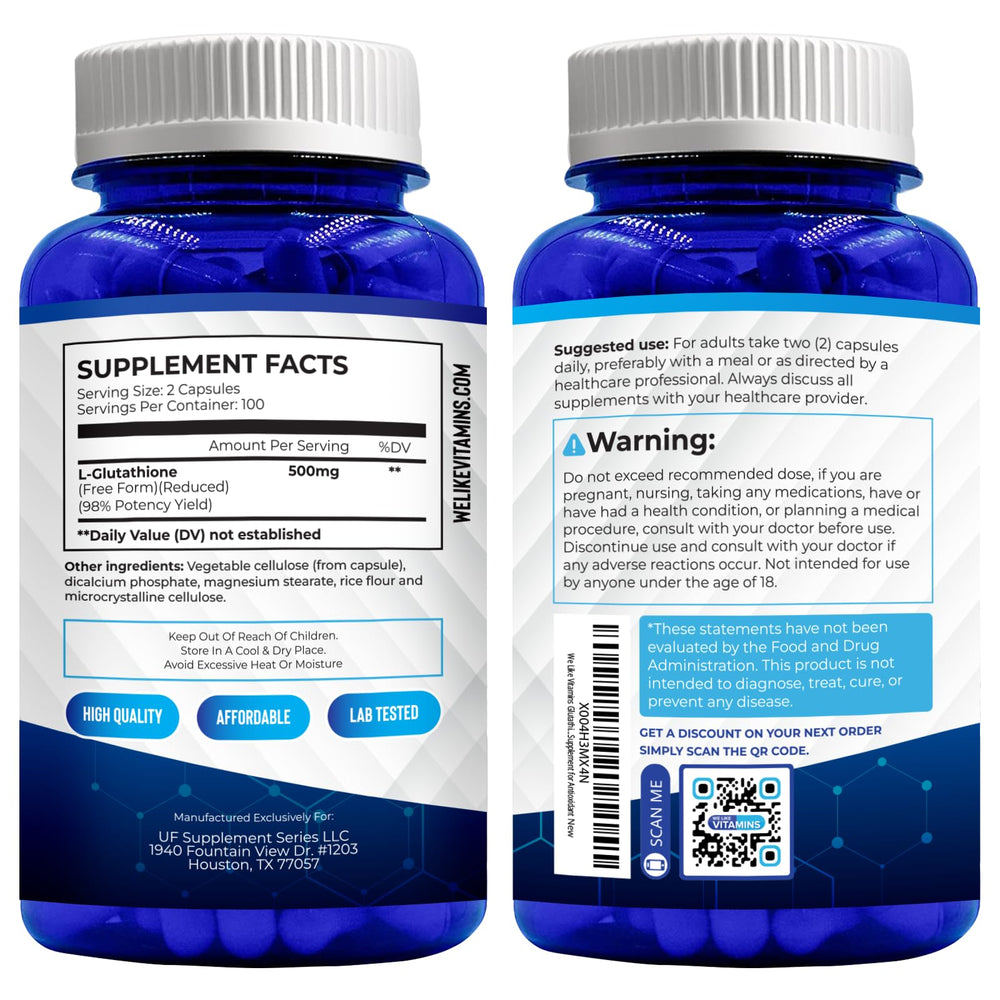 We Like Vitamins glutathione bottle closed showing complete ingredient list