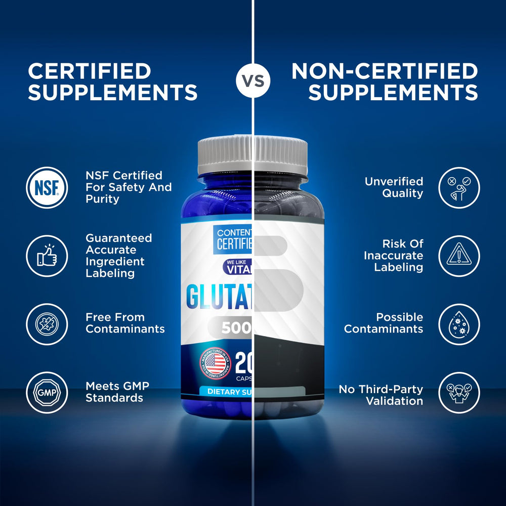 We Like Vitamins glutathione NSF certification seal on bottle
