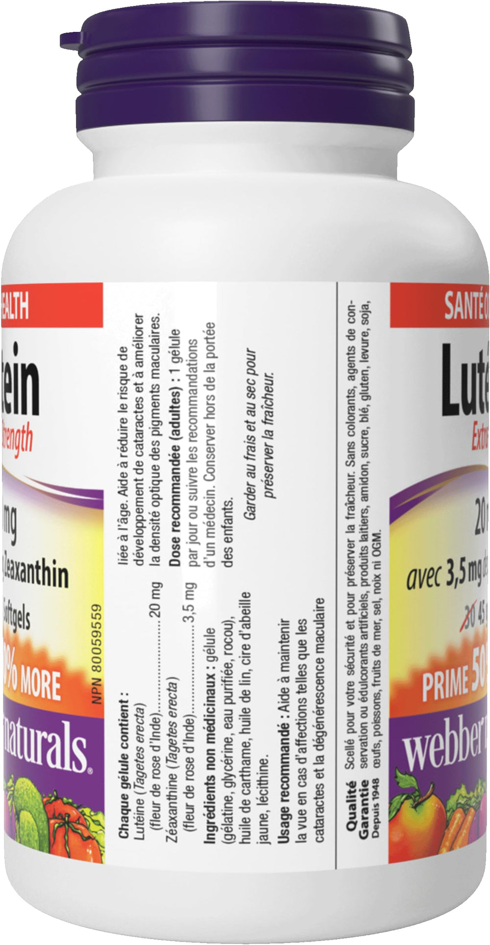 Webber Naturals lutein-zeaxanthin capsules on a bright countertop.