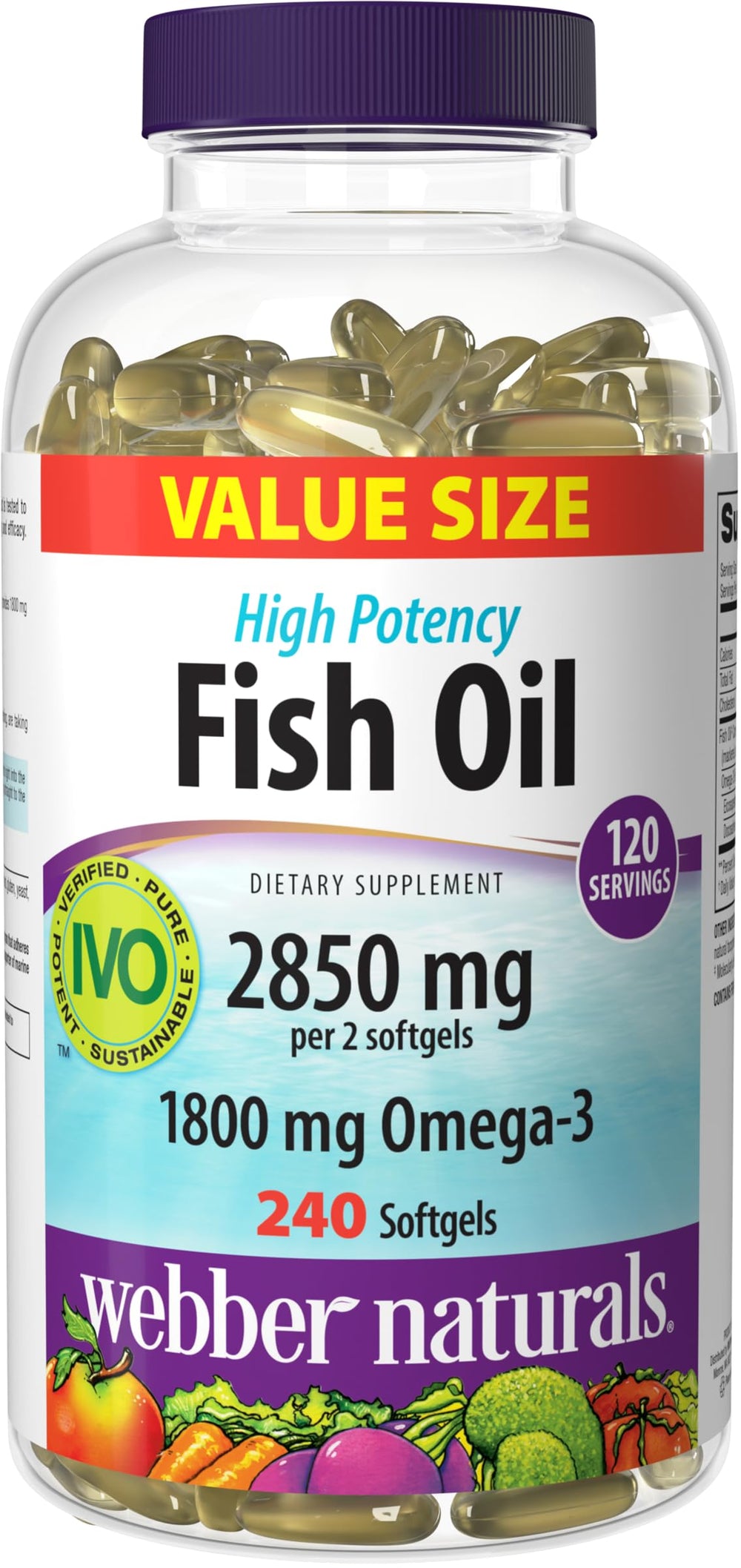 Webber Naturals fish oil bottle showing 240 enteric softgels for high-potency omega-3 support.