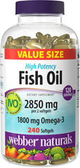 Webber Naturals fish oil bottle showing 240 enteric softgels for high-potency omega-3 support.