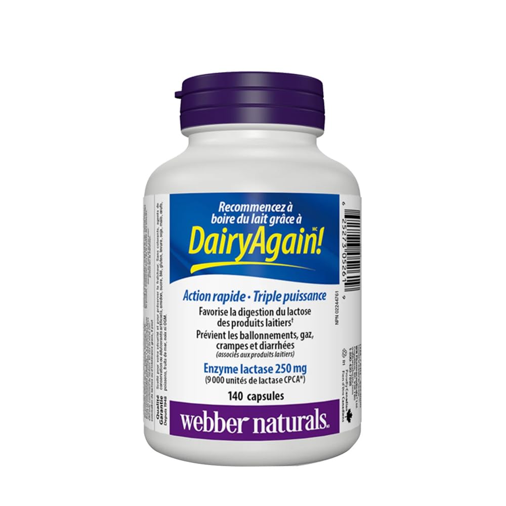Webber Naturals Lactase label highlights 9000 FCC units per capsule for dairy digestion