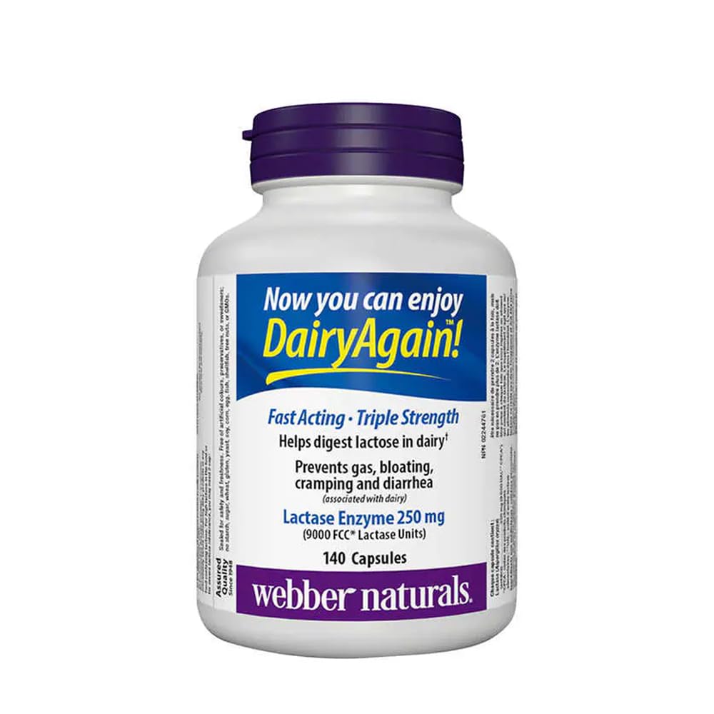 Webber Naturals Lactase Extra Strength bottle on shelf supports lactose digestion