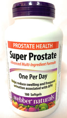 Webber Naturals Super Prostate softgel bottle shows convenient one-a-day dosage for urinary comfort.