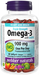 Webber Naturals Omega-3 CoQ10 softgels close-up for heart and brain support.