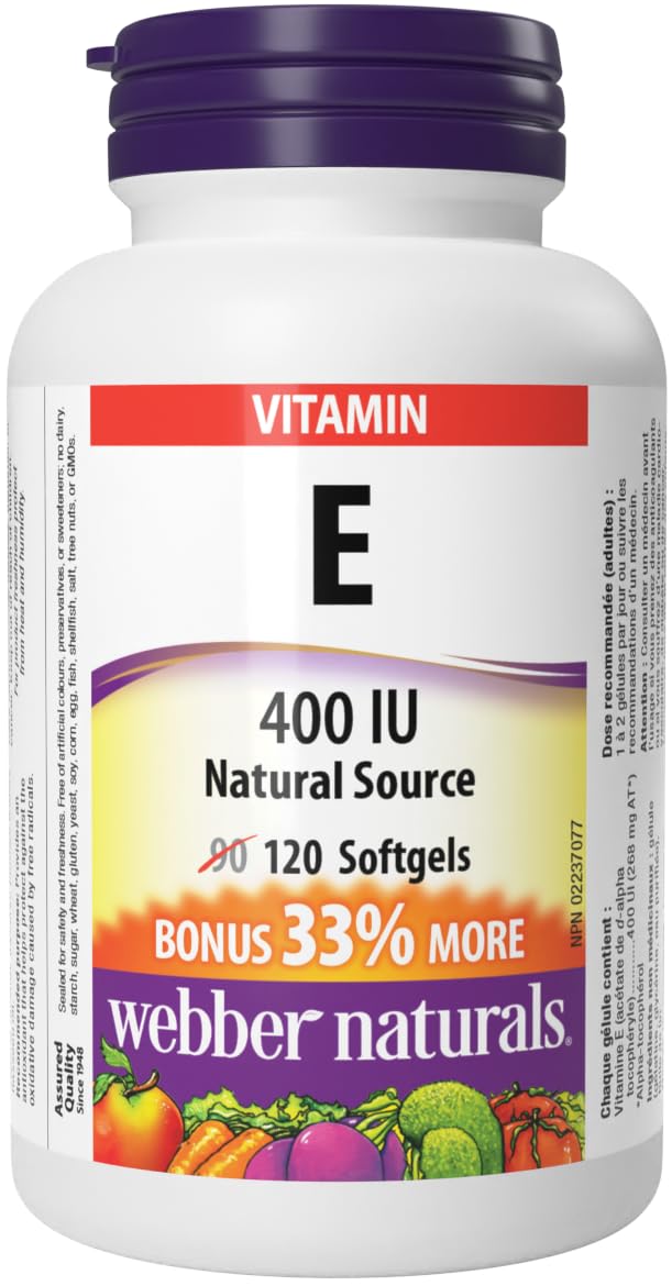 Webber Naturals Vitamin E softgels bottle front view highlights antioxidant support