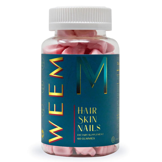 WEEM Hair Skin and Nails Gummies bottle front supporting healthy-looking hair and nails.