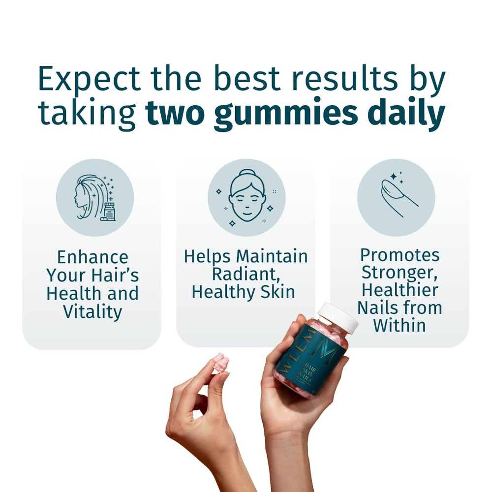 WEEM ingredients card highlights vegan biotin and vitamins for beauty support.