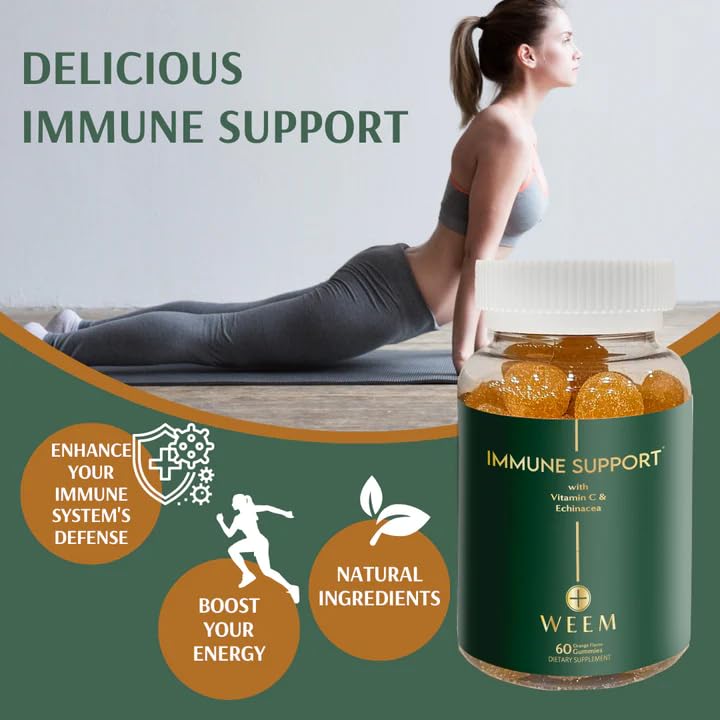 WEEM gummy bottle label detail highlights vitamin C, zinc, echinacea for immune support.