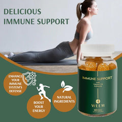 WEEM gummy bottle label detail highlights vitamin C, zinc, echinacea for immune support.