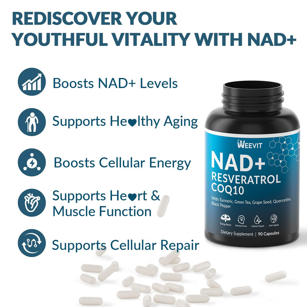 Weevit NAD+ foil packaging highlighting gluten-free, non-GMO formula.