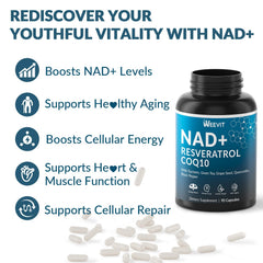 Weevit NAD+ foil packaging highlighting gluten-free, non-GMO formula.