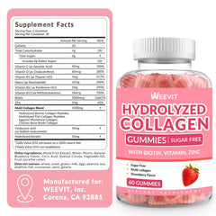 Close-up of Weevit gummies jar showing hydrolyzed collagen types for hair and nails.