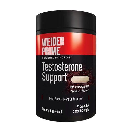 Weider Prime bottle front, daily wellness support for men.